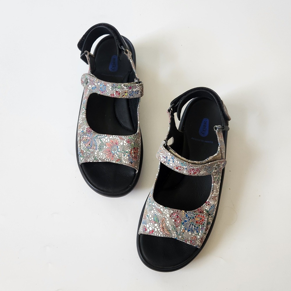 Wolky Rio Mosaic Leather Comfort Sandals 9 Open Toes Hook Loop Boho Granola